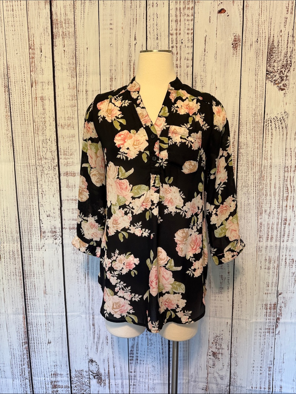 Justify Black Floral Split-Neck Blouse with Pink and Cream Flowers